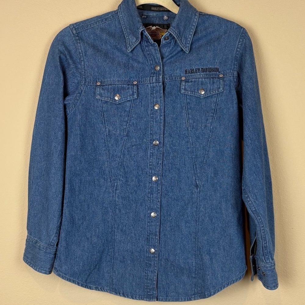 Harley Davidson Denim Long Sleeve Button Down Shirt w/ Silver Shimmer Embroidery - Picture 3 of 11